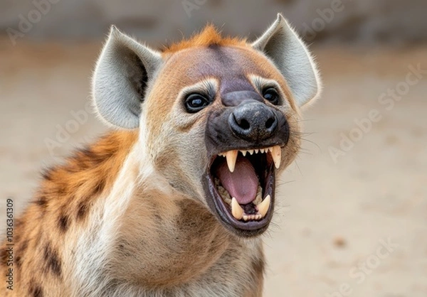 Fototapeta Aggressive hyena with open mouth and sharp teeth