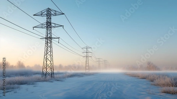 Obraz Expansive Electrical Infrastructure Traversing Snowy Rural Landscape