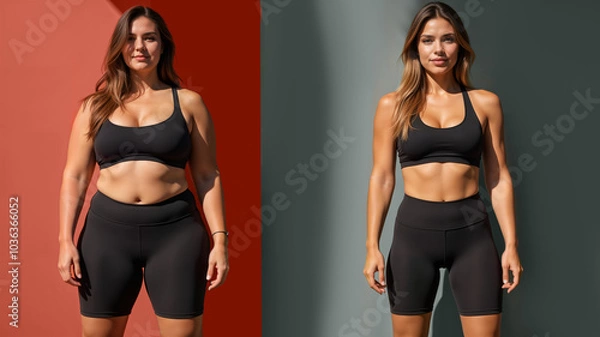 Obraz Before-and-after transformation image showcasing a woman’s remarkable weight loss journey. For fitness motivation, weight loss programs, and health-related content.