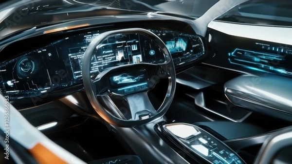 Fototapeta A futuristic smart vehicle with an interactive dashboard providing navigation, entertainment, and real-time environmental feedback
