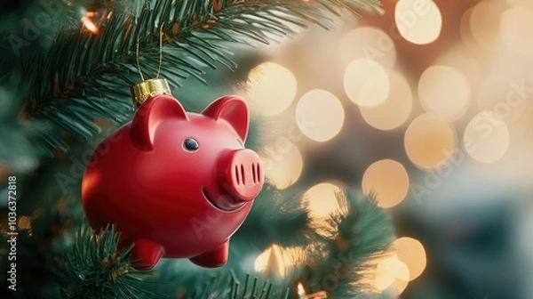 Fototapeta Piggy bank christmas decoration hanging on a Christmas tree branch. Seasonal savings and costs