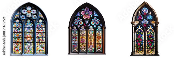 Obraz A stained glass window with vibrant colors depicting an intricate floral design, isolated on a transparent background