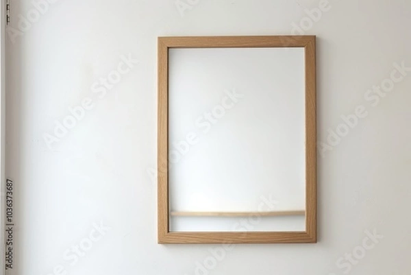 Fototapeta A simple wooden framed mirror hangs on a white wall.