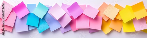 Fototapeta Sticky Note Post It Board Office. Business people meeting at office and use post it notes to share idea. Brainstorming concept. Sticky note on glass wall or blackboard. Set of colorful blank notes.