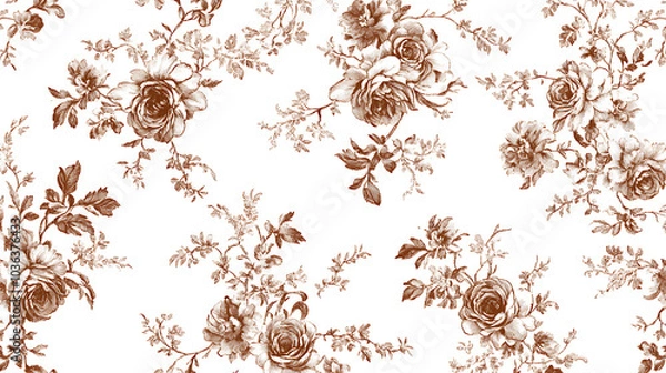 Fototapeta Vintage inspired seamless Toile de Jouy pattern featuring intricate floral designs in warm brown tones on white background, evoking classic and elegant aesthetic