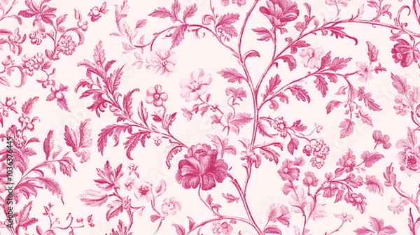 Fototapeta Vintage inspired seamless Toile de Jouy pattern featuring intricate floral designs in shades of pink on soft cream background, evoking classic and elegant aesthetic