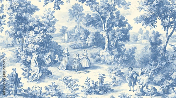 Fototapeta Classic Toile de Jouy fabric pattern featuring historical scenes in blue and white. intricate design showcases figures in pastoral setting, surrounded by lush foliage and trees, evoking sense of