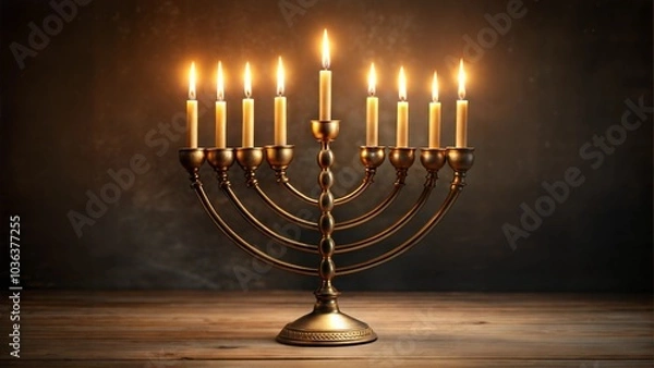 Fototapeta Lit menorah on wooden surface with dark background for Hanukkah