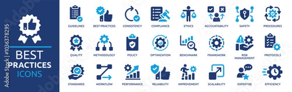 Fototapeta Best practices icon set. Containing workflow, guidelines, performance, standards, improvement, protocols, procedures and methodology. Solid vector icons collection.