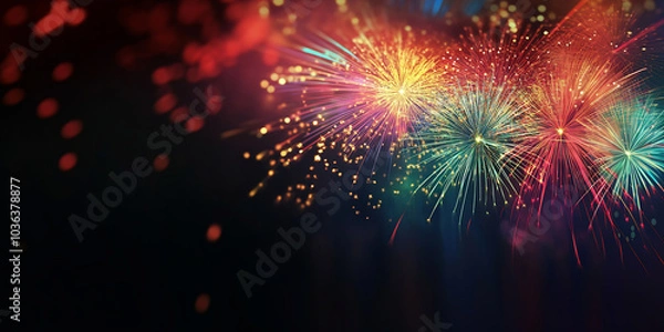 Fototapeta Colorful fireworks bursting in the night sky with vibrant bokeh lights, capturing the joy and excitement of a festive celebration