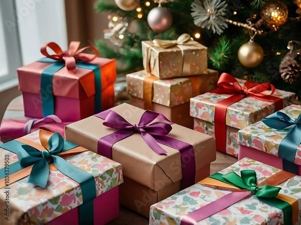 Fototapeta Collection of beautifully wrapped gift boxes with colorful ribbons and tags against festive background
