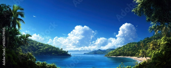 Fototapeta A tranquil tropical scene featuring lush greenery and a calm blue ocean under a bright sky, embodying the essence of nature's beauty and serenity.