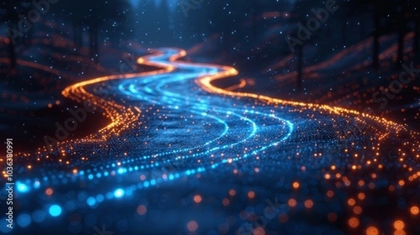 Fototapeta Digital Binary Road with Blue Data Wave - Cyber Highway and Futuristic Network Concept