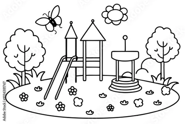 Fototapeta Playground with Slide and Sandbox  Children’s Outdoor Playground in Black and White

