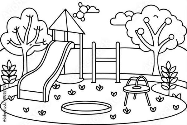Fototapeta Fun Playground with Slide and Sandbox Illustration Play Area Coloring Book Page for Children
Children’s Outdoor Playground in Black and White
