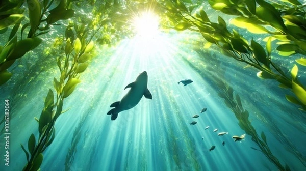 Fototapeta Underwater Scene with Sunlight and Marine Life