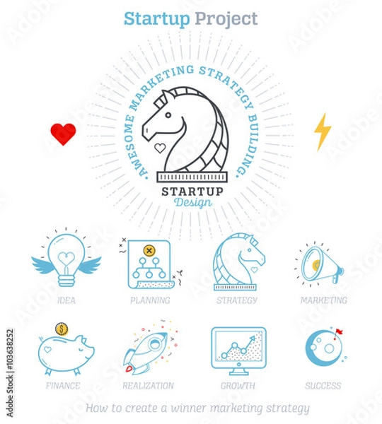 Fototapeta Thin line flat design of business project startup process, from idea through planning and strategy, marketing, finance, to realization and success Vector illustration, isolated on white background.