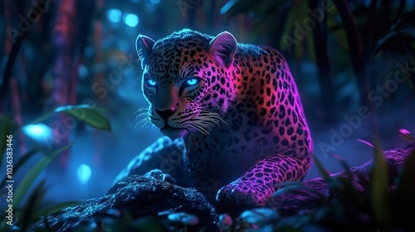 Fototapeta 3D Fierce Leopard Crouching in a Glowing Neon Jungle for Dynamic Wildlife Decor