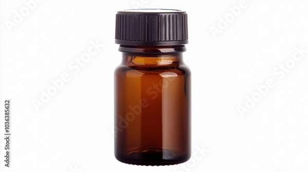 Fototapeta Amber glass bottle with black cap, perfect for essential oils or liquid storage, white isolate background.