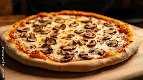 Fototapeta Delicious pizza with mushrooms, melted cheese, and golden crust, enticingly presented.