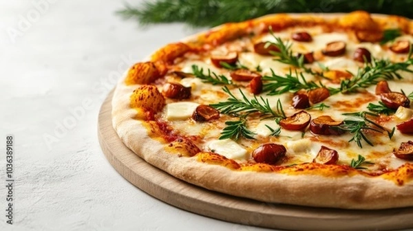 Fototapeta Delicious pizza with herbs on wooden board, appetizing and fresh.