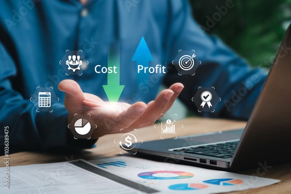 Obraz Cost and profit management, Quality control concept, Businessman planning to cost reduction, Profit up, Company or industry payment cost lean reduction analysis, Maximize profits and financial