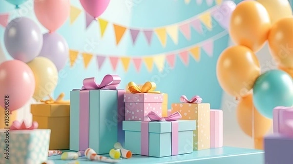 Fototapeta A table filled with a cheerful pile of brightly colored presents, with a festive party backdrop of balloons, banners, and a 3D illustration vibe.