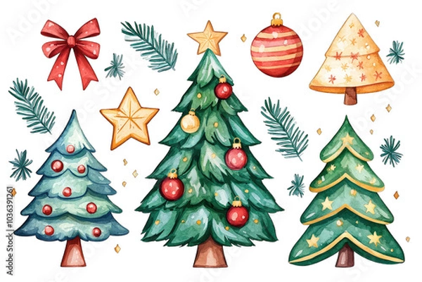 Fototapeta Watercolor Christmas Trees With Ornaments, Stars, and Festive Decor Elements