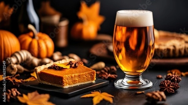 Fototapeta Pumpkin pie slice and beer in a cozy autumn setting with pumpkins and leaves.
