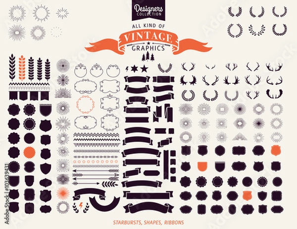 Fototapeta Premium design elements. Starbursts, frames and ribbons Designers Collection