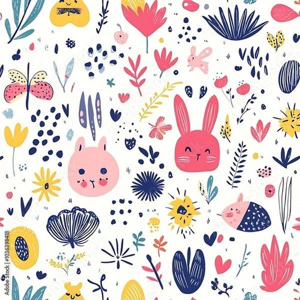Fototapeta A seamless pattern featuring cute bunny faces, butterflies, flowers, and leaves in vibrant colors on a white background.