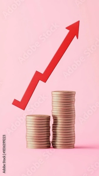 Fototapeta Red Upward arrow on money coin stack as growth graph steps in home shape symbol,Savings, income, home investment, real estate price value, property profit concepts,the rising price of real estate.