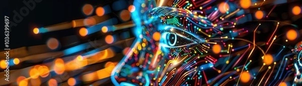 Fototapeta A Close-up Shot of a Profiles of individuals with vibrant, abstract technological elements