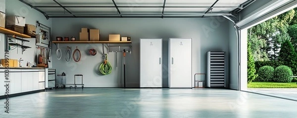 Obraz A home energy storage system installed in a modern garage