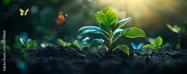 Obraz Closeup of a large, unique plant with vibrant leaves, planted in dark, fertile soil, butterflies fluttering delicately, morning light casting soft rays over a peaceful garden