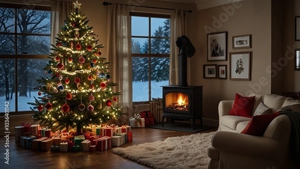 Fototapeta Cozy Christmas Living Room with Decorated Tree