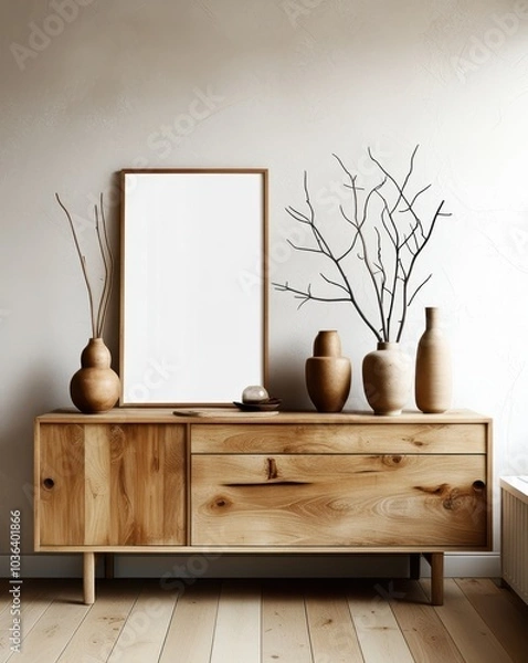 Fototapeta Minimalist interior design, wooden sideboard, blank framed poster, earthy tones, ceramic vases, dried branches, natural materials, Scandinavian style, light wood flooring, textured wall, neutral color