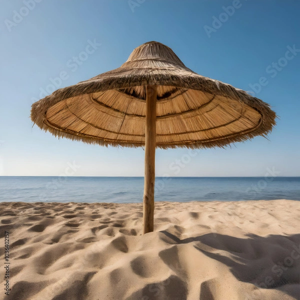 Fototapeta  straw beach umbrella standing tall on a sandy beach, gently swaying in the breeze with a clear blue sky in the background. Soft sunlight illuminates the natural fibers, enhancing the war