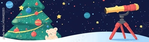 Fototapeta Cute baby animal under a Christmas tree, planets and moonlit sky in the background, telescope beside, flat design illustration