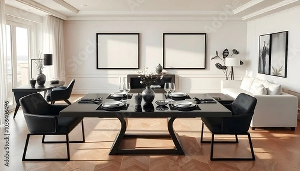 Fototapeta Poster frame mock up in modern home living room interior with white sofa and coffee table with decor, 3d render