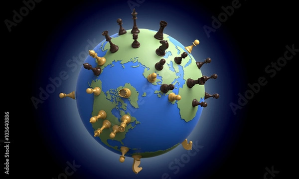 Obraz symbol of geopolitics the world globe with chess pieces