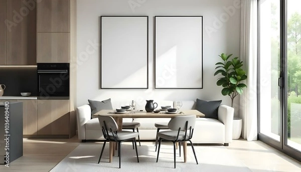 Fototapeta Poster frame mock up in modern home living room interior with white sofa and coffee table with decor, 3d render
