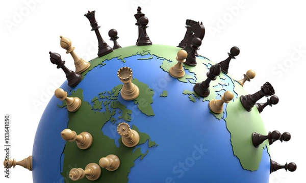 Obraz symbol geopolityki świat z figurami szachowymi