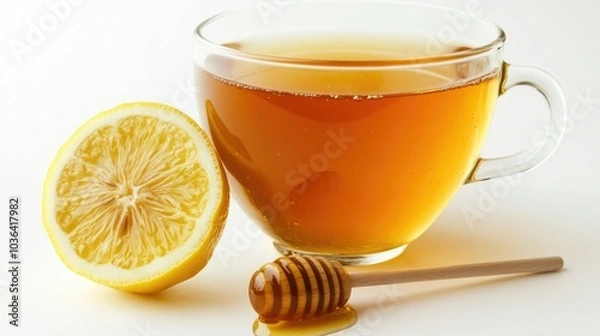 Fototapeta A glass cup of lemon honey tea with a lemon slice and honey dipper beside it, all placed on a clean white background. Warm and inviting.