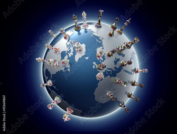 Fototapeta symbol of geopolitics the world globe with chess pieces