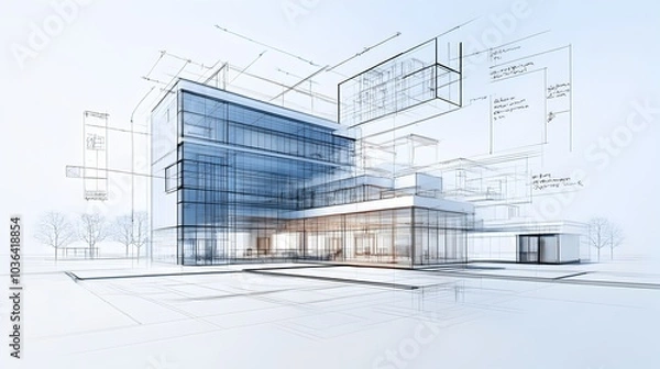 Fototapeta Futuristic architectural blueprint showcasing the design of a cutting edge glass paneled commercial building set against the backdrop of a vibrant urban cityscape  The modern