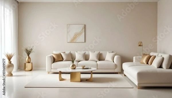 Fototapeta Poster frame mock up in modern home living room interior with white sofa and coffee table with decor, 3d render
