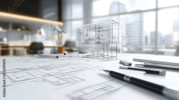 Fototapeta Architectural Blueprint Workspace with Technical Drawing Tools and Office Supplies on a Desk  Concept of Planning Designing and Developing a Construction or Engineering Project