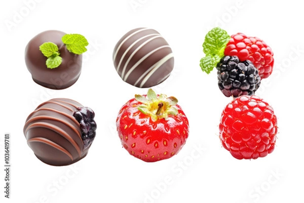 Fototapeta Collection of berries with chocolate isolated on transparent and white background.PNG image	