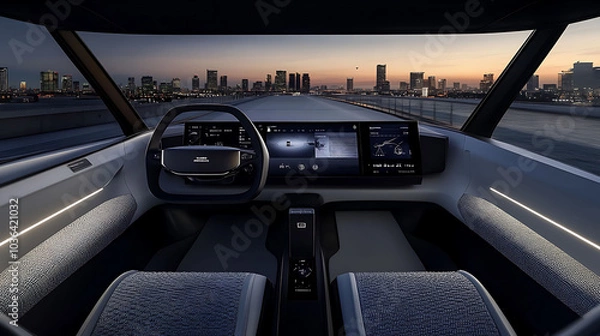 Fototapeta Interior view of a driverless car on a city road with a skyline in the distance. The dashboard is equipped with a large touchscreen and a futuristic steering wheel.